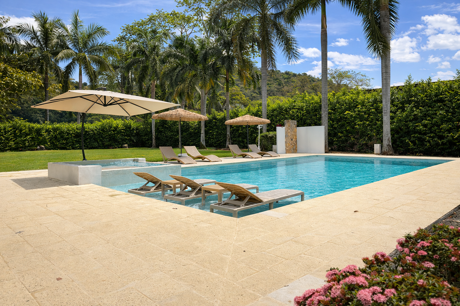 Zona de piscina y jardines de Casa Vallejuelo, Santa Fe de Antioquia, Colombia